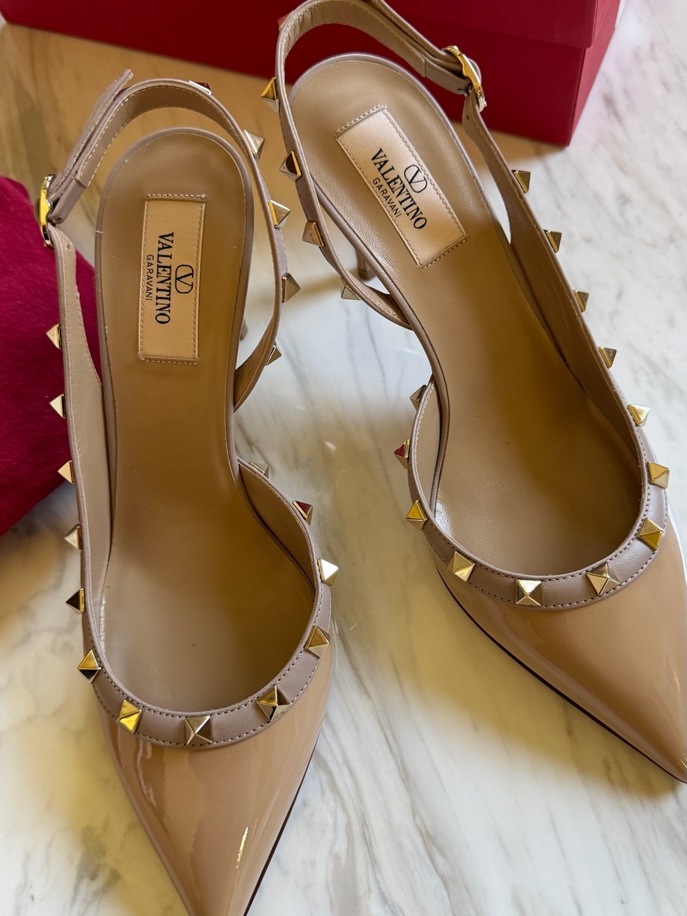 Valentino Nude Patent Leather Rockstud Slingback Pumps